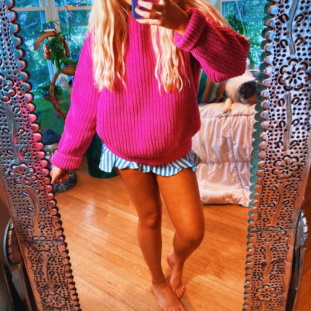Ultra Thick Woven Fuchsia Pink Oversized Sweater - Picture 8 of 15
